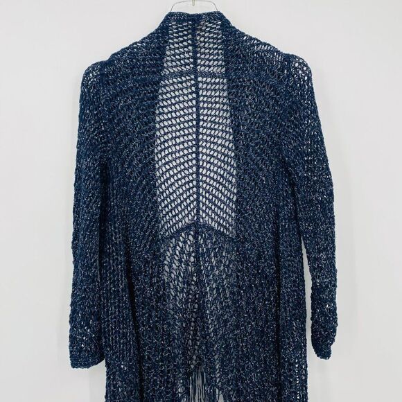 Chico's Size Small Navy Blue Metallic Knit Artisan Fringe Sloane Cardigan - Picture 6 of 7